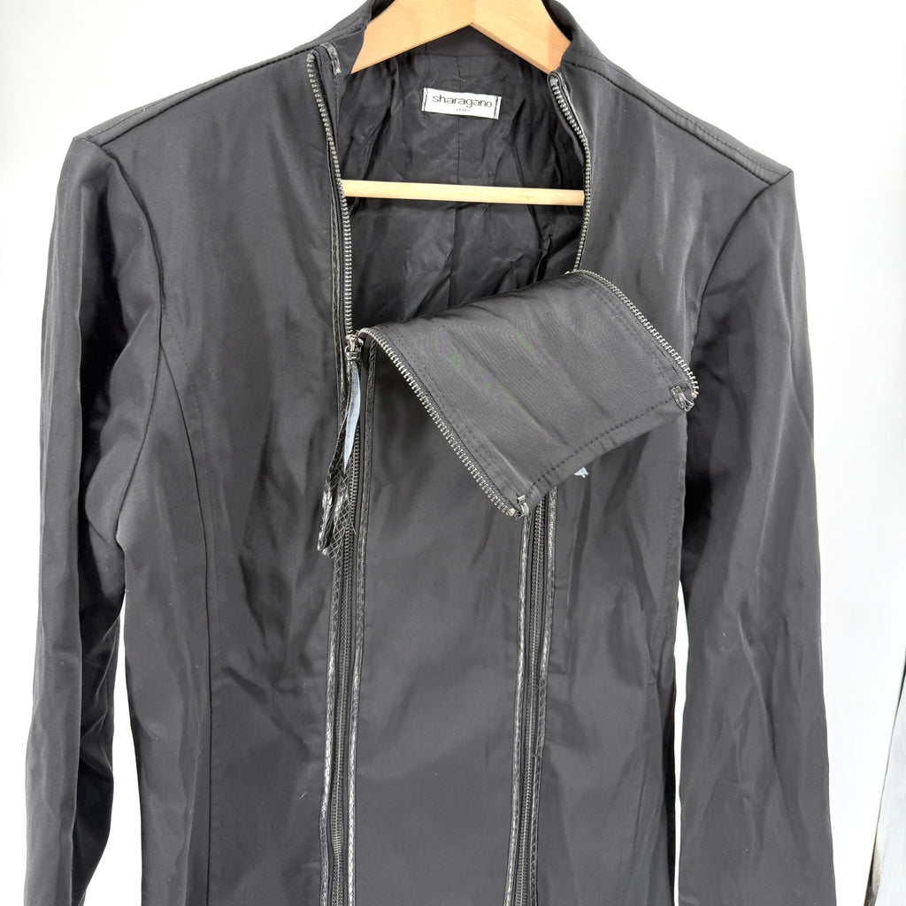 Vintage Y2K Sharagano Black Satin Snakeskin Trim Double Zip Moto Jacket