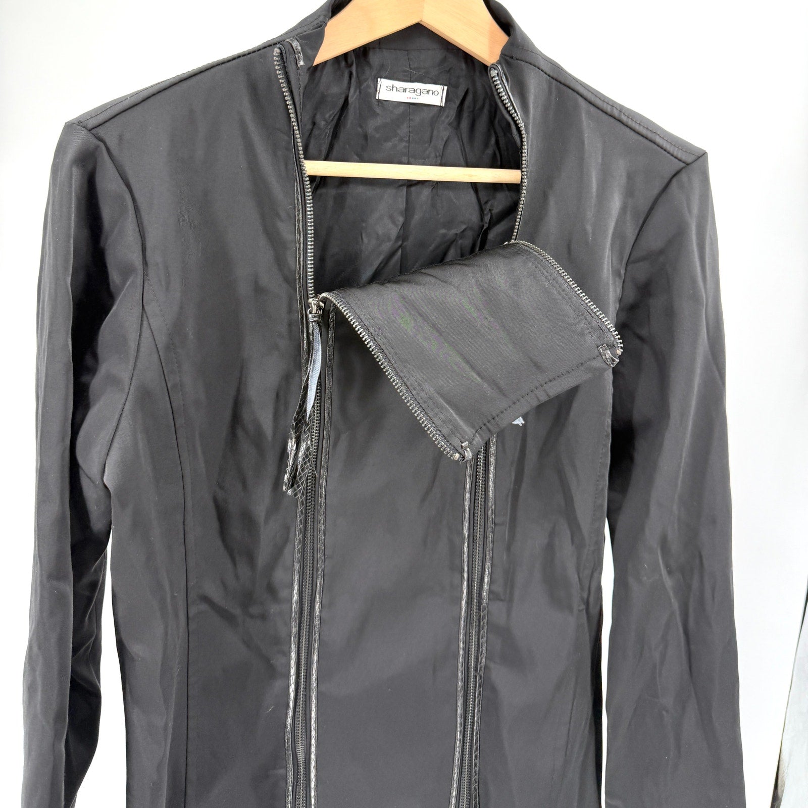Vintage Y2K Sharagano Black Satin Snakeskin Trim Double Zip Moto Jacket
