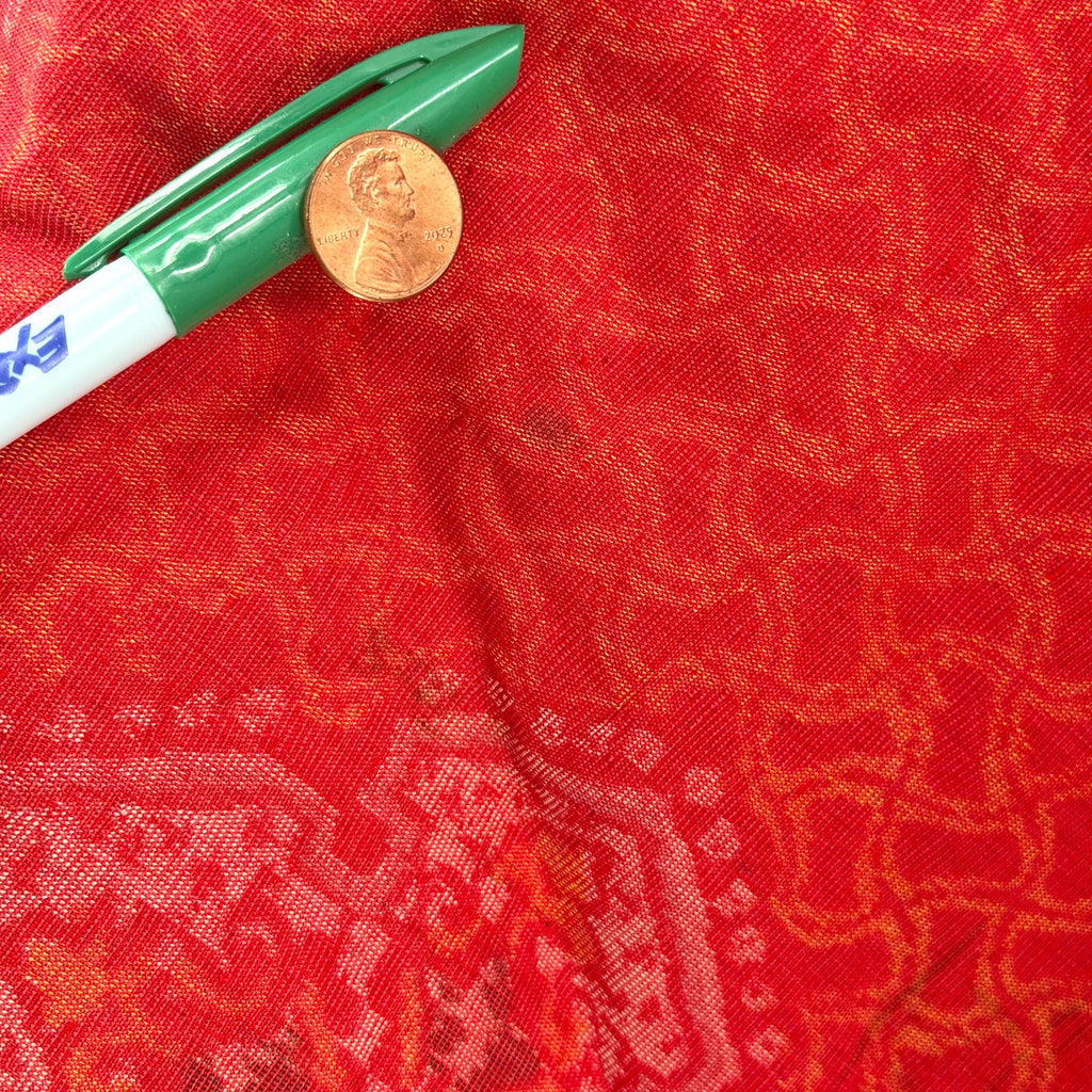 Vintage 50s Showa Era Red Orange 100% Woven Tsumugi Silk Kasuri Ikat Kimono Robe