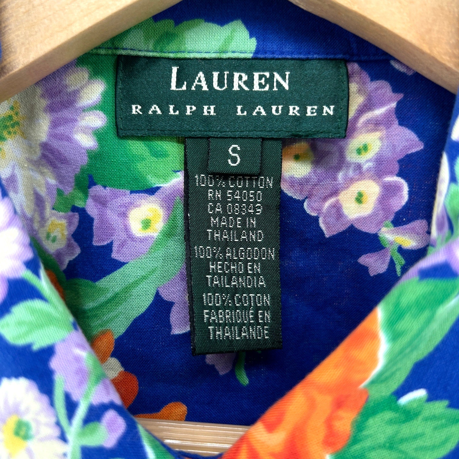 Vintage 90s Lauren Ralph Lauren Blue 100% Cotton Floral Short Sleeve Shirt