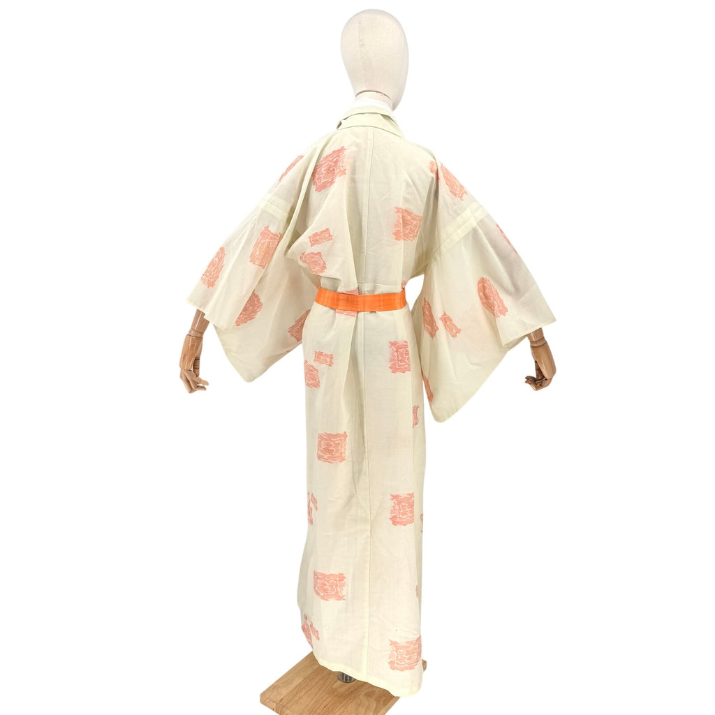Vintage 70s Showa Cream Peach Patterned Open Weave Sha Gauze Silk Kimono Robe