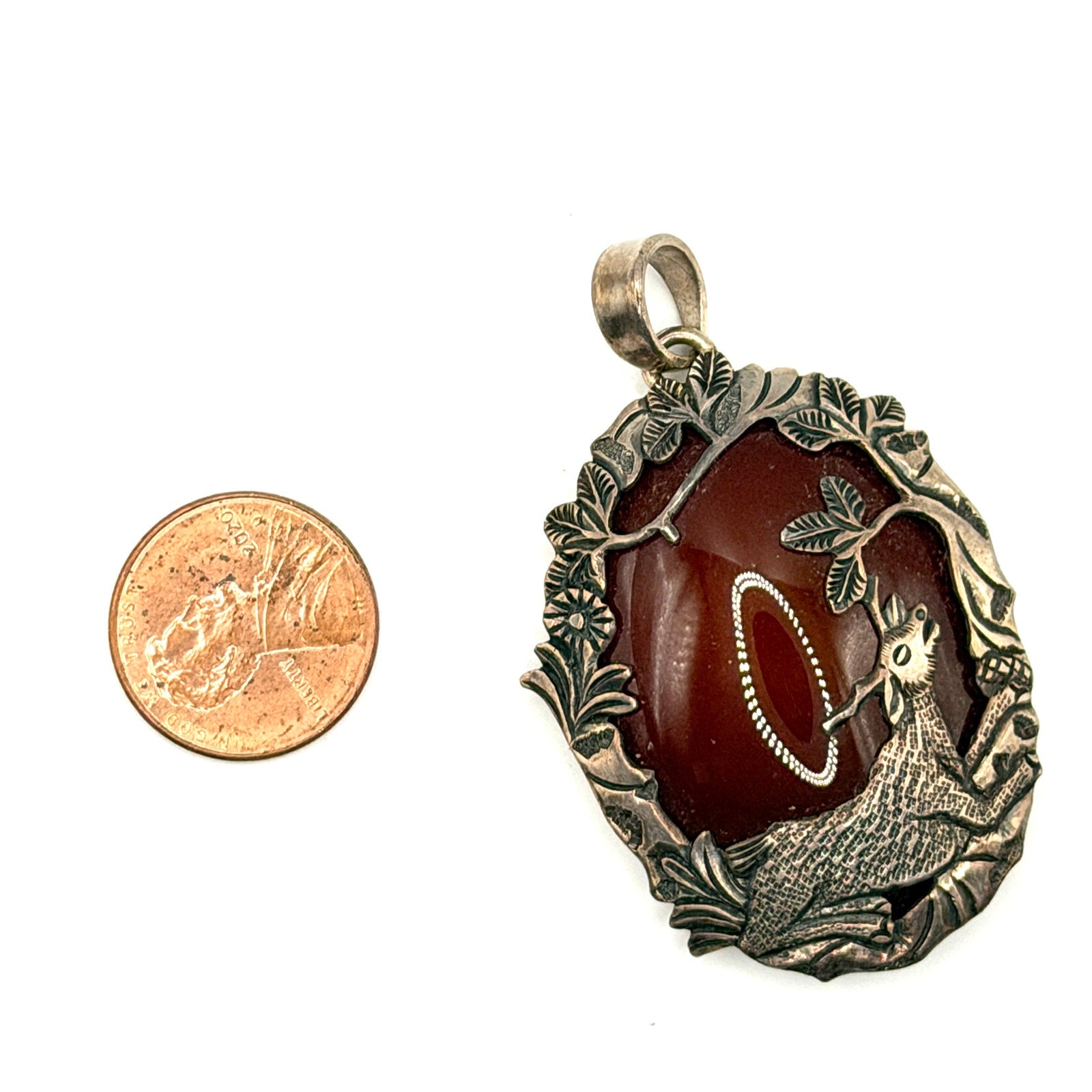 Vintage 90s Red Carnelian Sterling Silver Woodland Deer Overlay Pendant