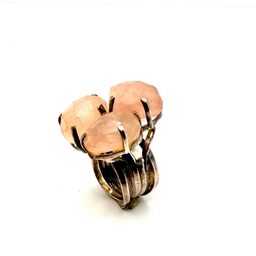 Vintage 90s Sterling Silver Rose Quartz Triple Cluster Statement Ring