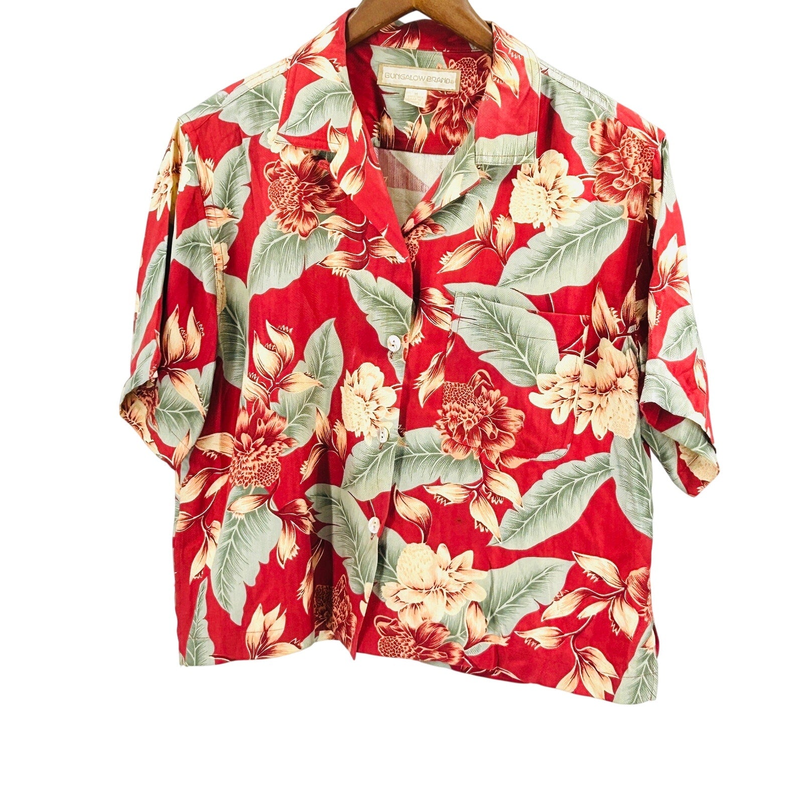 Vintage 90s Bungalow Brand Red Floral Tropical 100% Silk Cropped Shirt