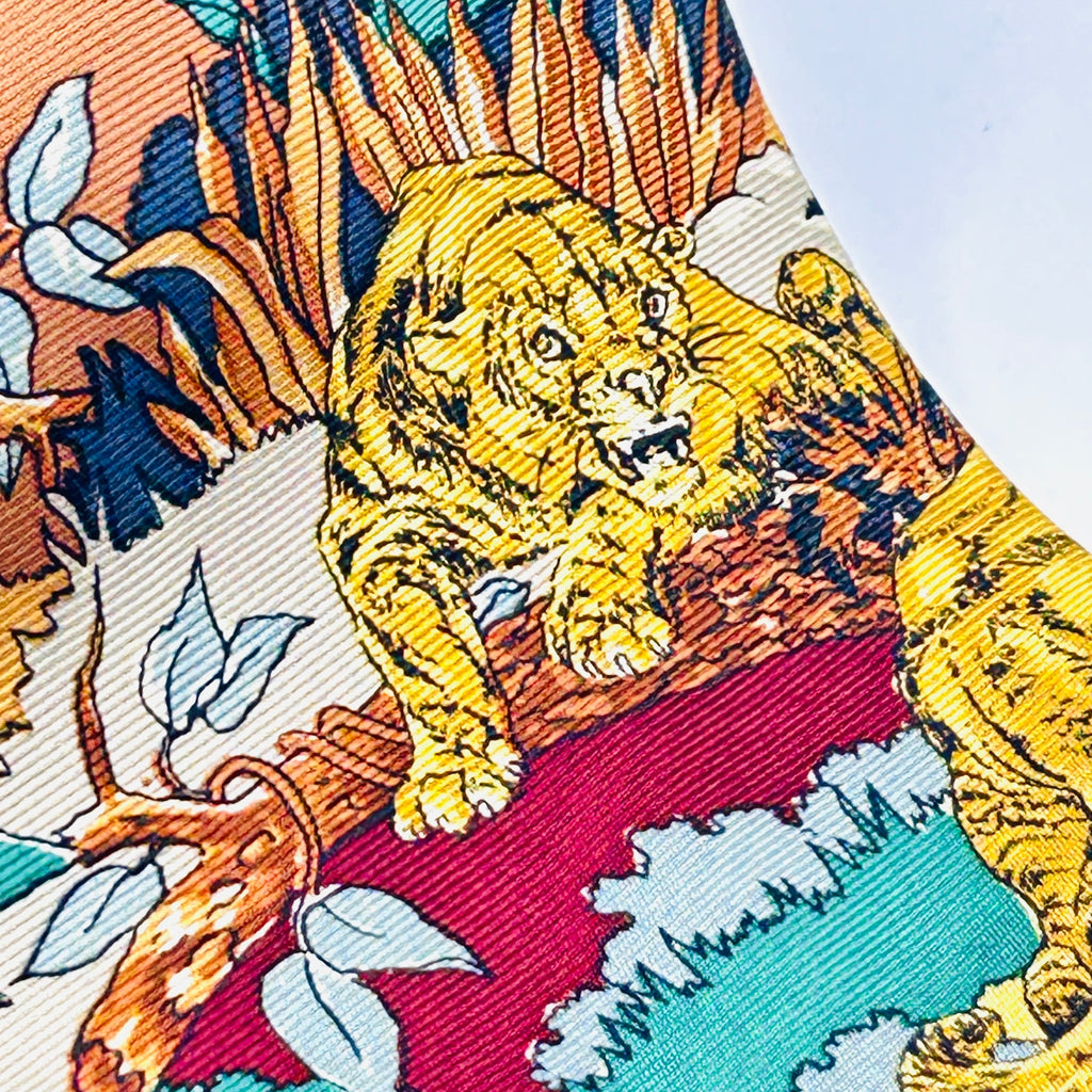 Vintage 90s Pure Silk Red Maroon Yellow Lion Tiger Print Necktie