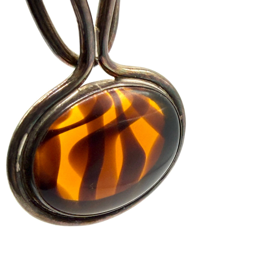 Vintage 70s Sterling Silver Brown Shell Heishi Agate Slide Statement Necklace