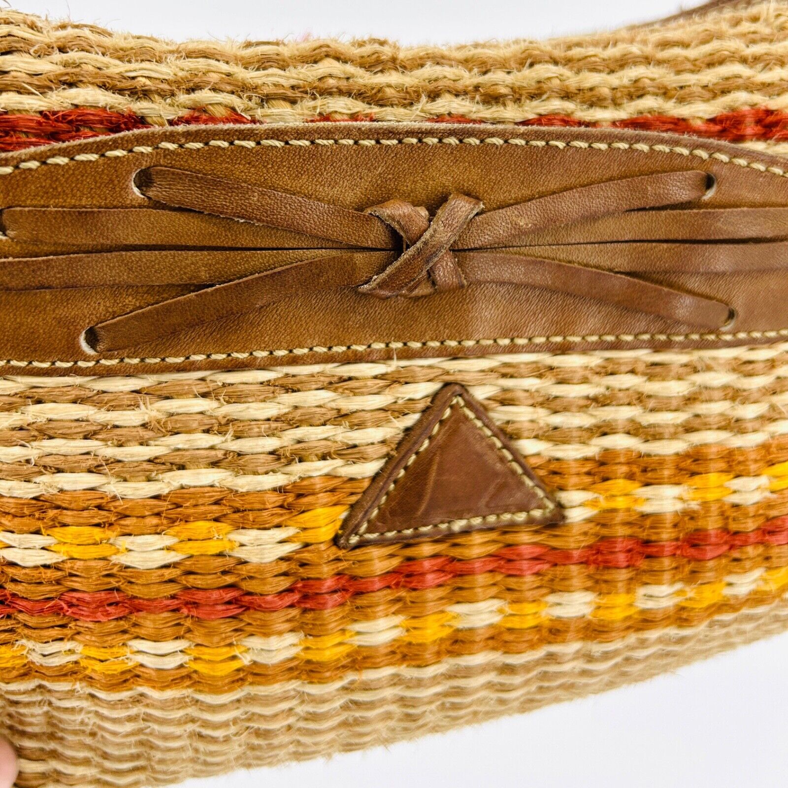 Vintage 80s Multicolor Woven Straw Genuine Leather Bow Crossbody Bag