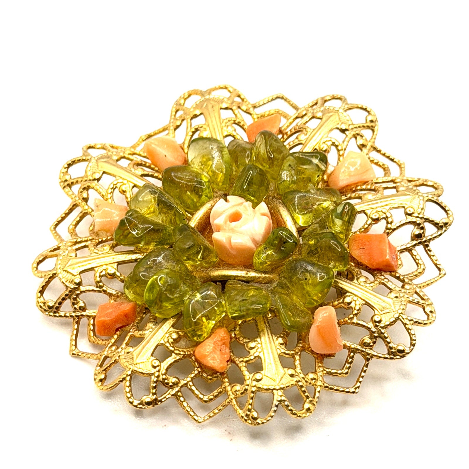 Vintage 70s Gold Filigree Green Peridot Pink Coral Carved Rose Floral Brooch