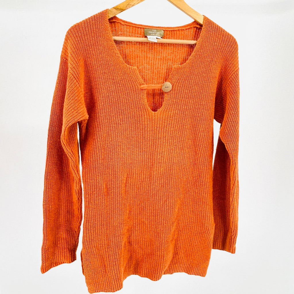 Vintage 90s The Territory Ahead Orange Ramie Cotton Boho Button Sweater