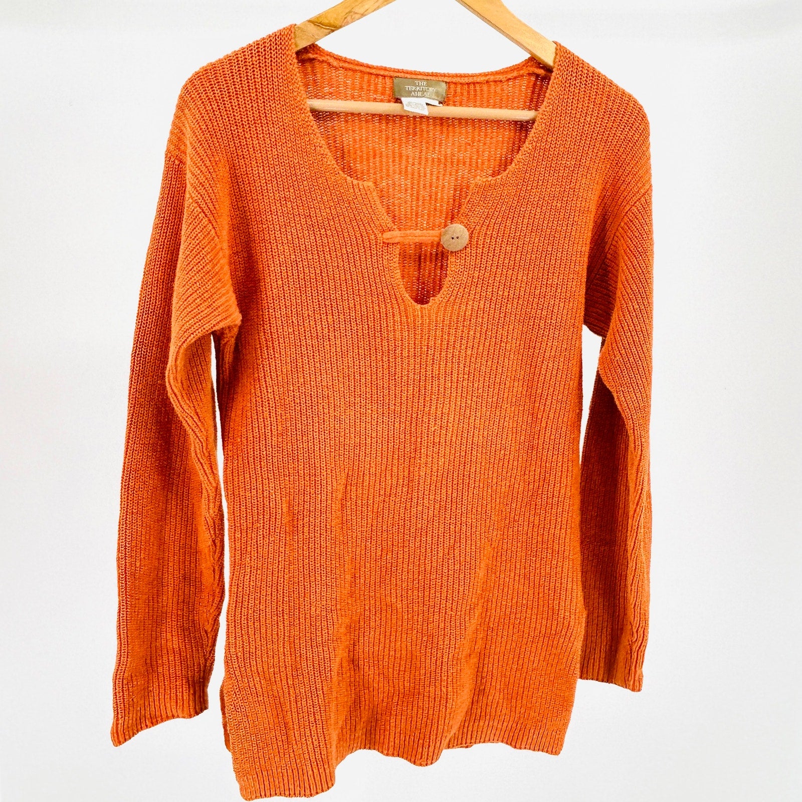 Vintage 90s The Territory Ahead Orange Ramie Cotton Boho Button Sweater
