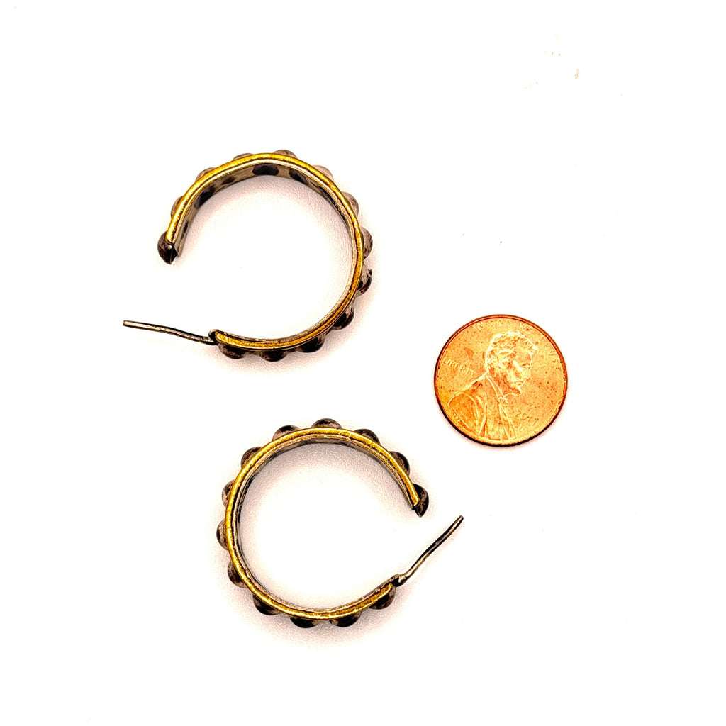 Vintage 90s Taxco Stamped Sterling Silver Brass Mixed Metal Hoop Earrings
