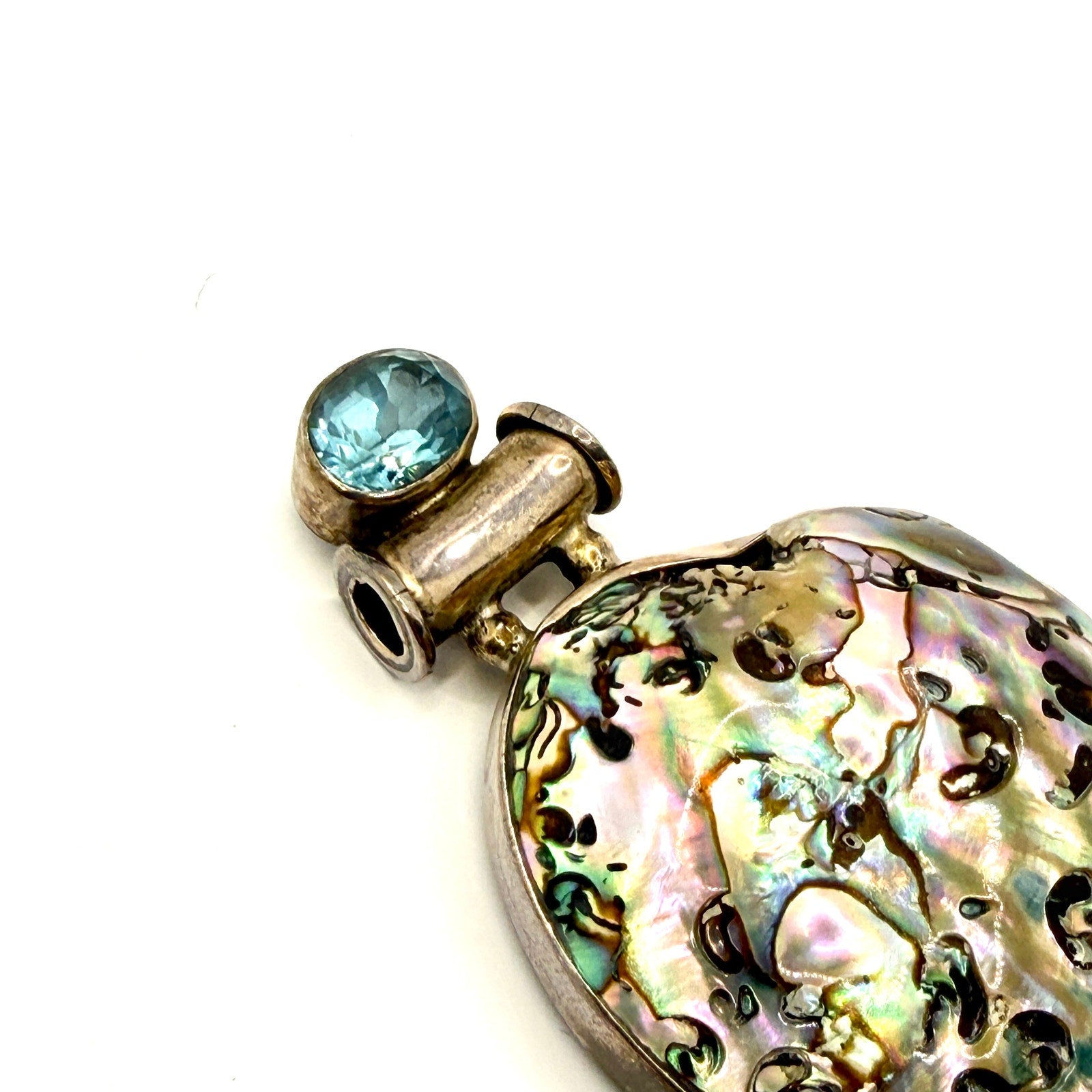 Vintage 90s Blue Topaz Sterling Silver Abalone Shell Statement Pendant