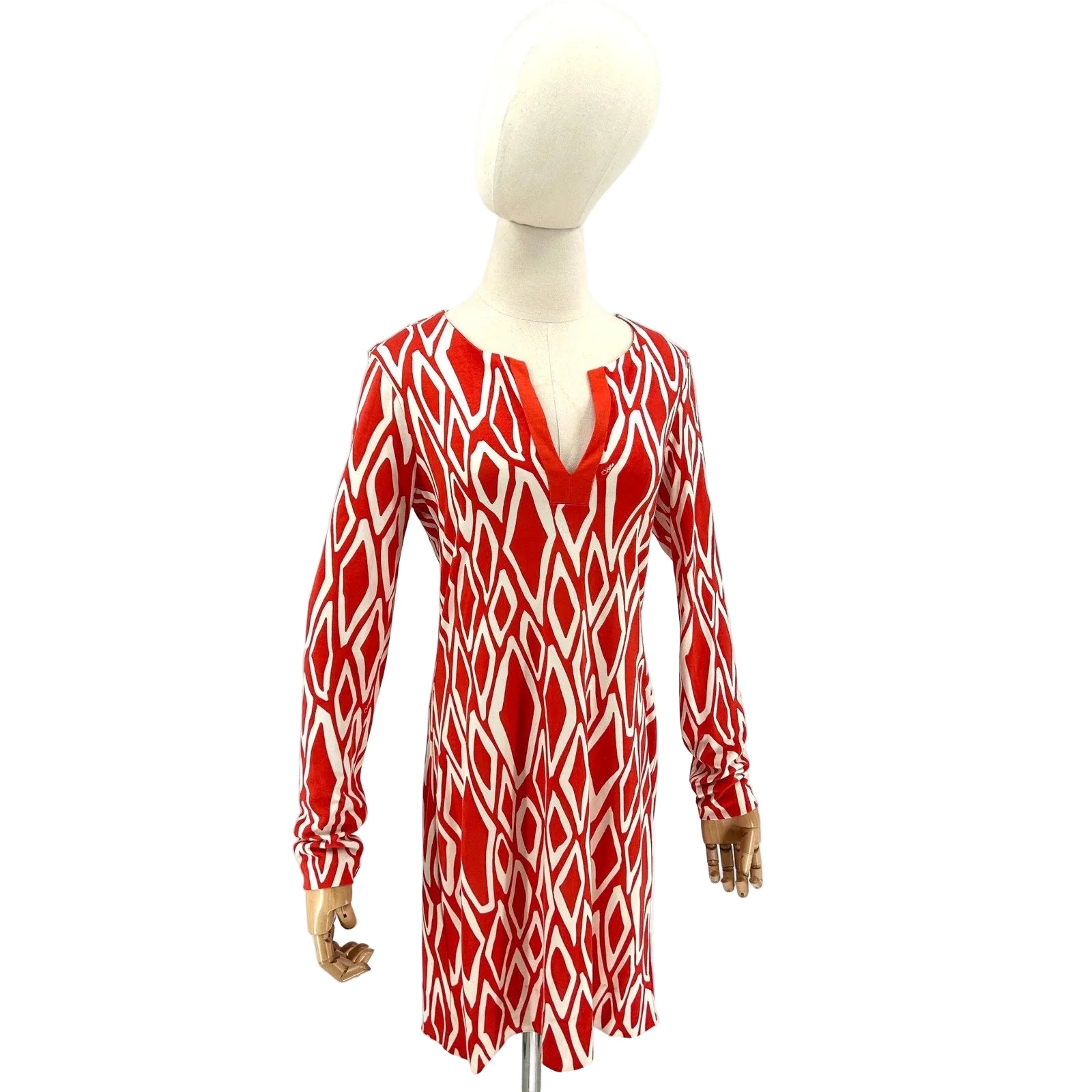 Diane von Furstenberg Red Cream Knit 100% Silk Tunic Mini Dress