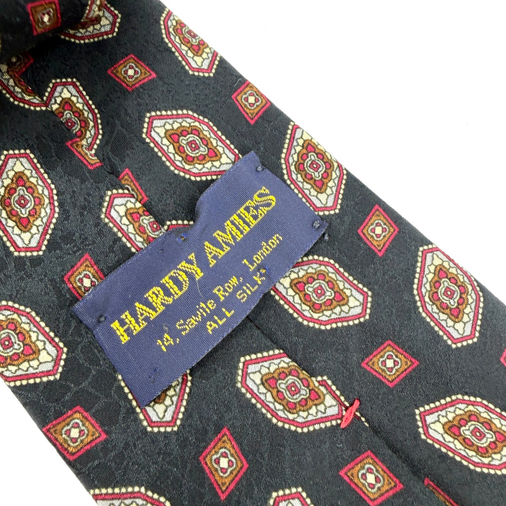 Vintage 80s Hardy Amies Black 100% Silk Red Medallion Wide Necktie