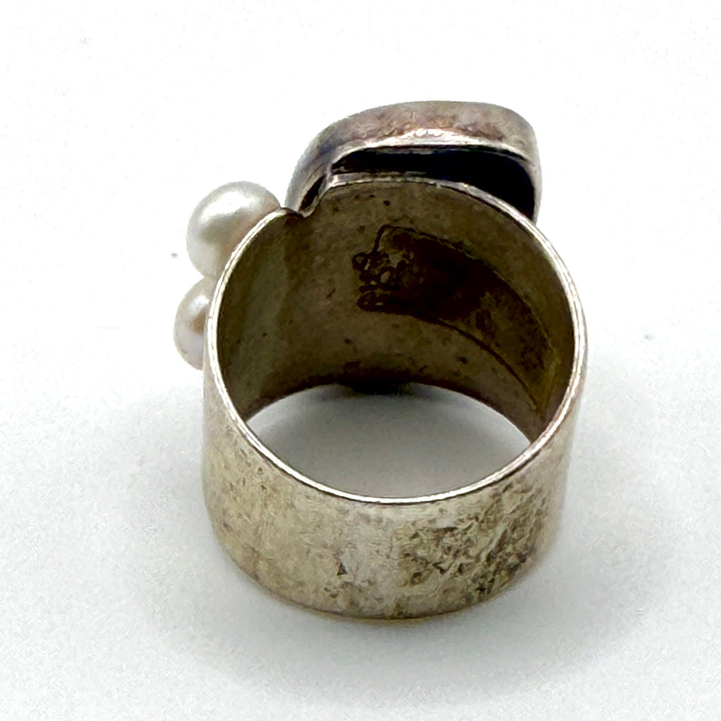 Vintage 90s Pink Rhodochrosite Stamped Sterling Silver Pearl Wide Band Ring