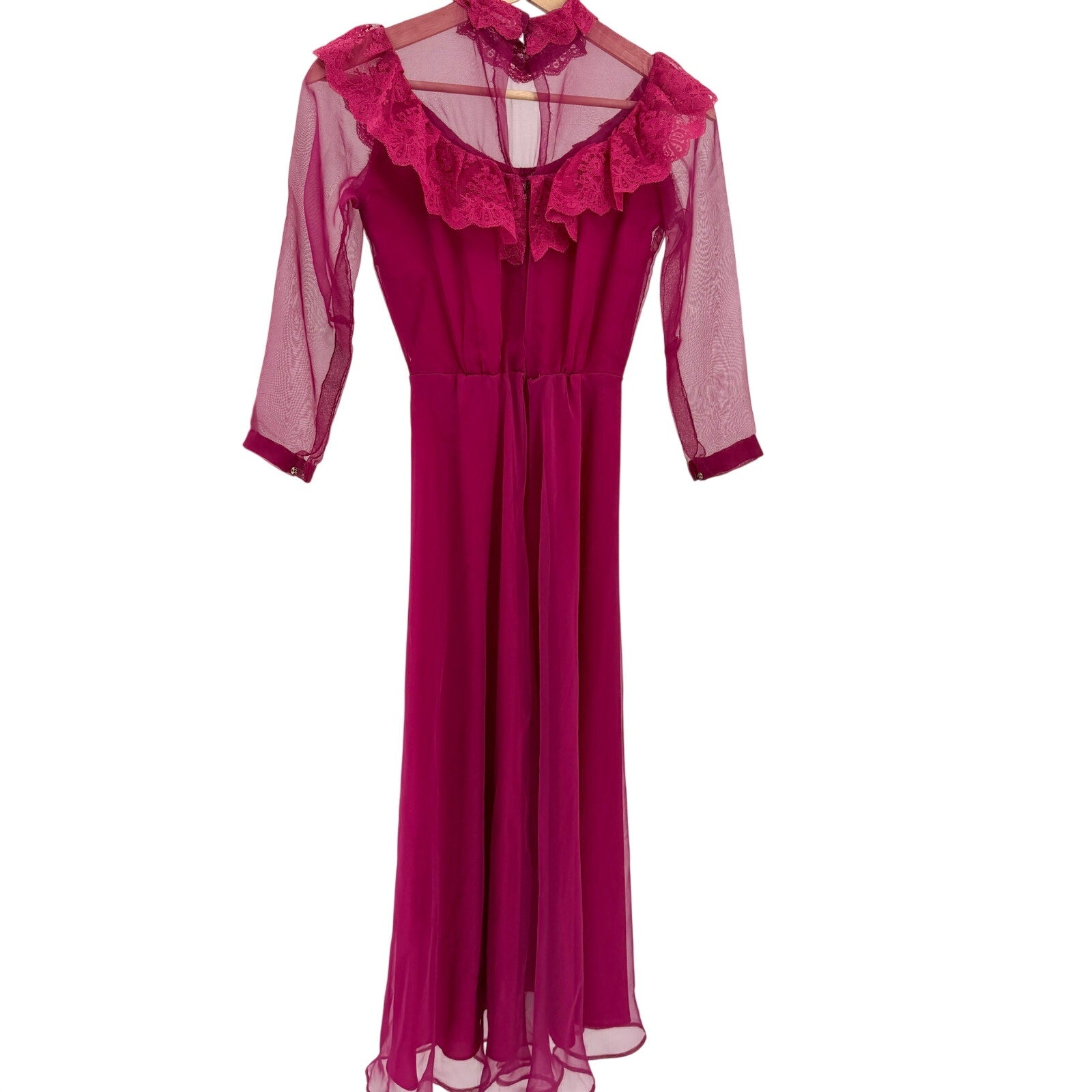 Vintage 70s Handmade Pink Fuchsia Sheer Lace Ruffle High Neck Maxi Dress