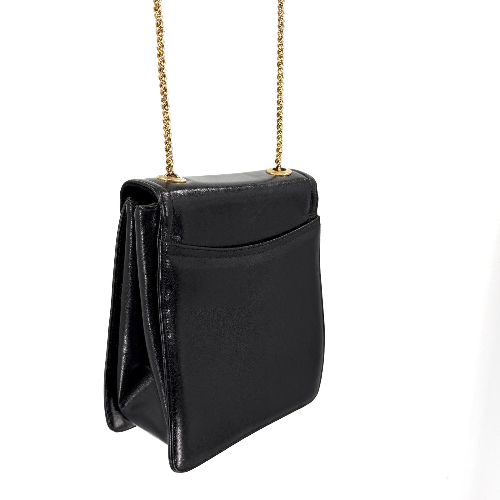 Vintage 80s Frenchy of California Black Leather Gold Chain Shoulder Bag