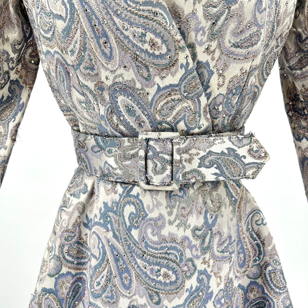 Vintage 80s Ice Blue Silver Brocade Crystal Embellished Mink Cuff Gown Dress