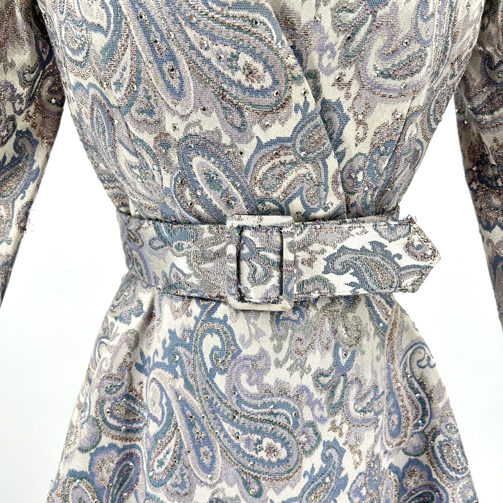 Vintage 80s Ice Blue Silver Brocade Crystal Embellished Mink Cuff Gown Dress