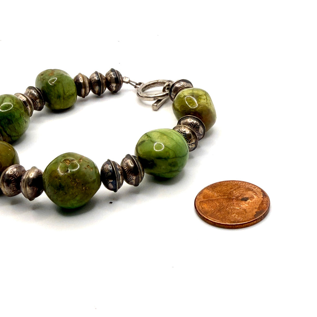 Vintage 90s Southwestern Green Gaspeite Stamped Silver Chunky Toggle Bracelet