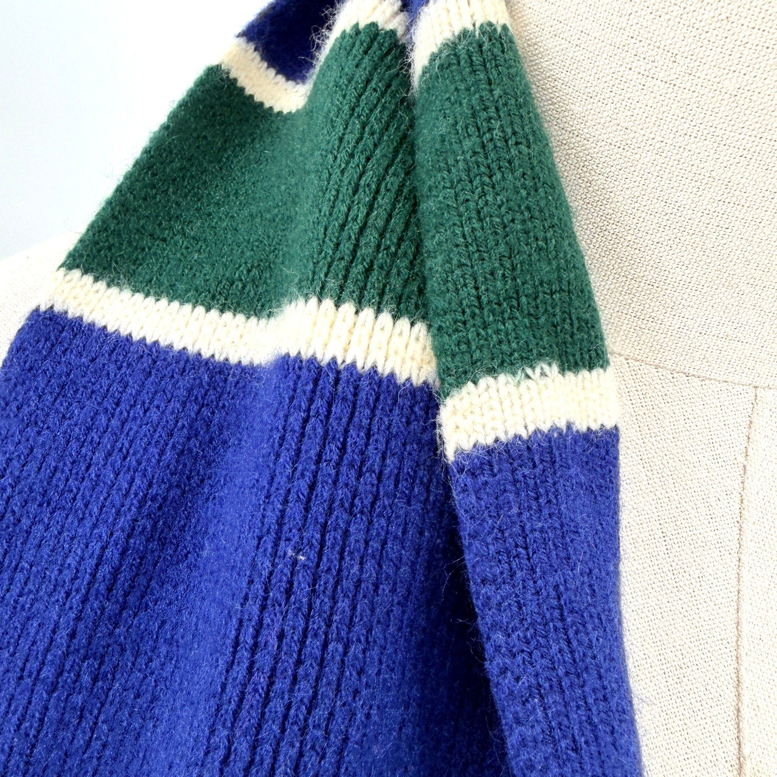 Vintage 70s English Village Blue Green Striped Fringe Knit Scarf