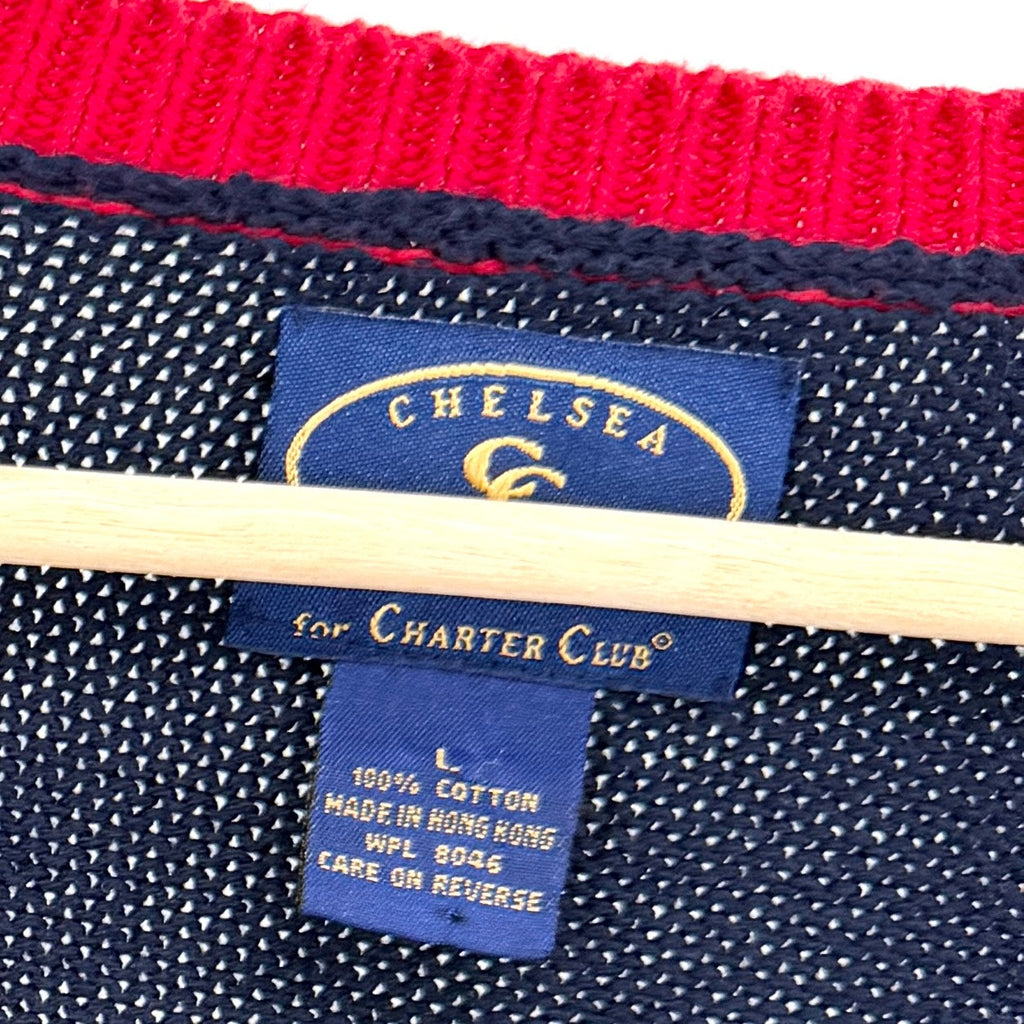 Vintage 90s Chelsea Charter Club Navy Red White 100% Cotton Cardigan