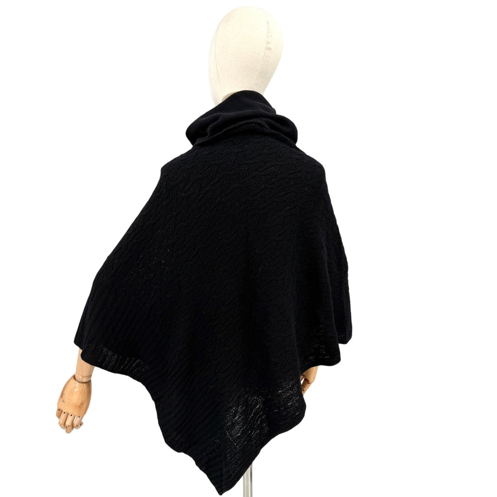 Celeste Wool Cashmere Black Cowl Neck Cable Knit Poncho Sweater