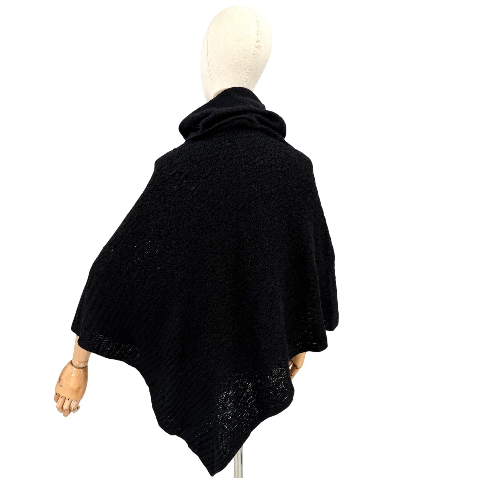 Celeste Wool Cashmere Black Cowl Neck Cable Knit Poncho Sweater