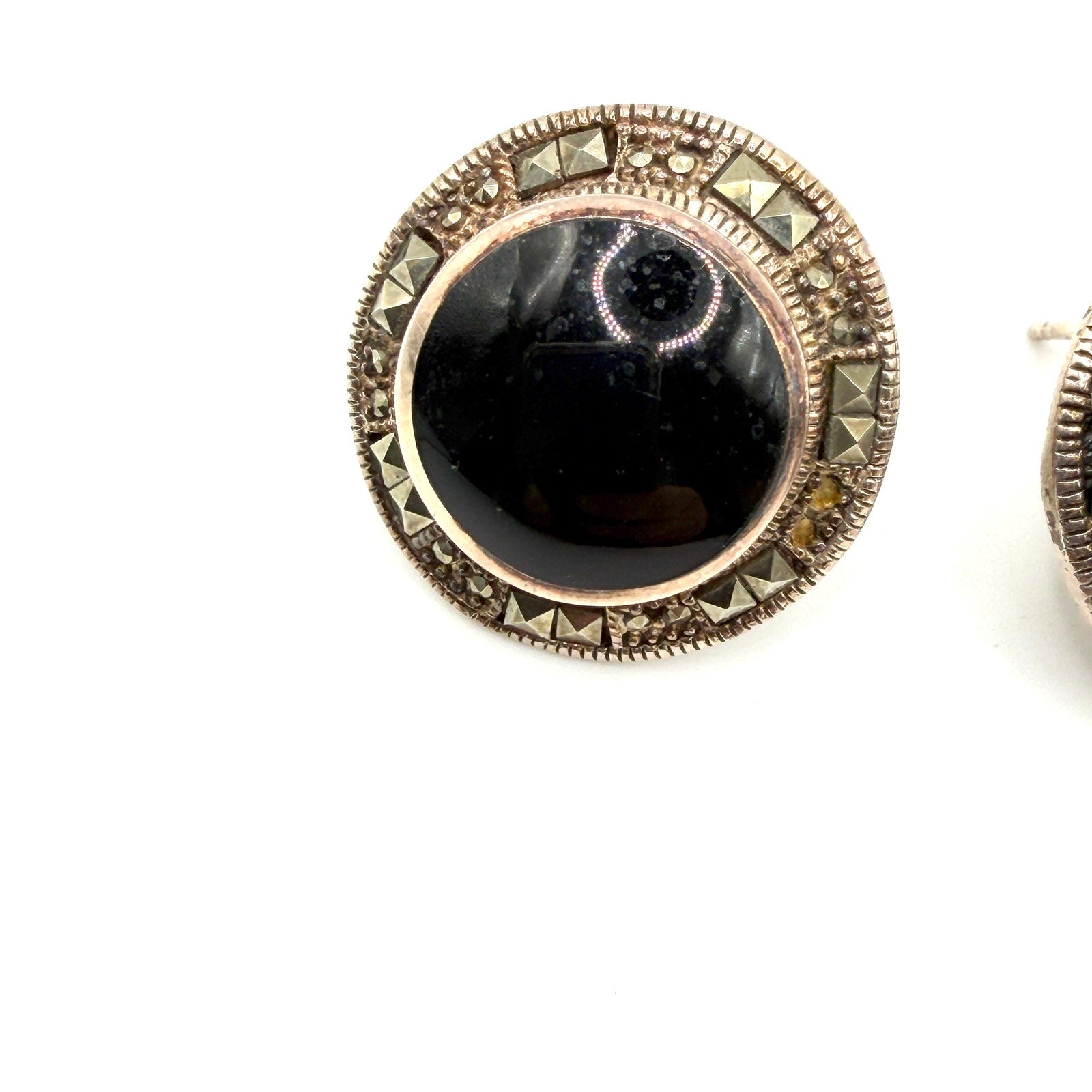 Vintage 90s Collins Fine Jewelry Sterling Silver Black Onyx Marcasite Studs
