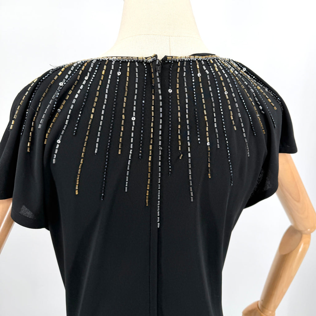 Vintage 80s Nuit Black Drop Waist Beaded Sunburst Flounce Glam Evening Dress