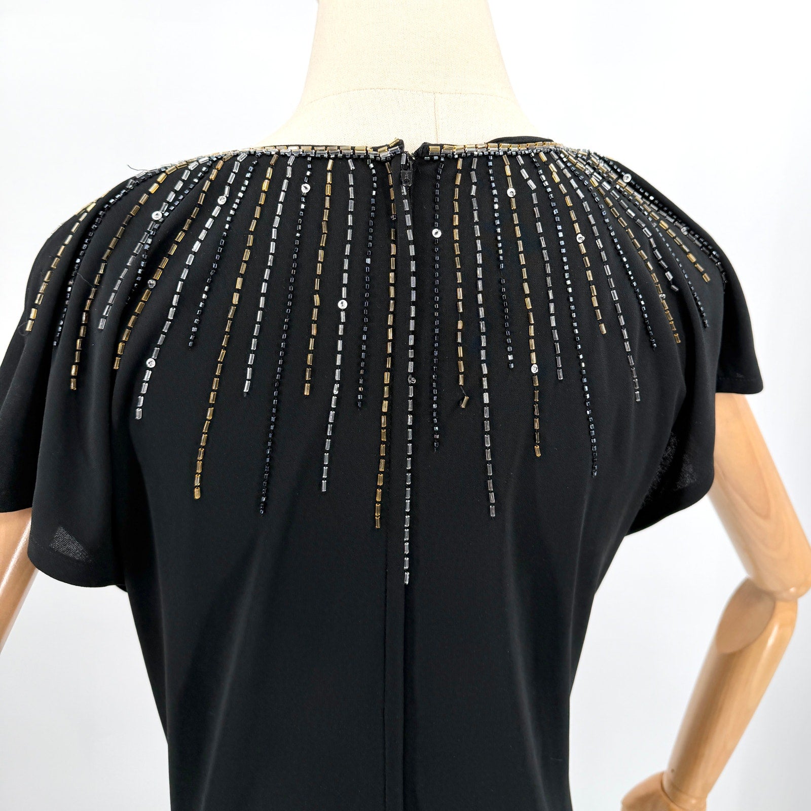 Vintage 80s Nuit Black Drop Waist Beaded Sunburst Flounce Glam Evening Dress