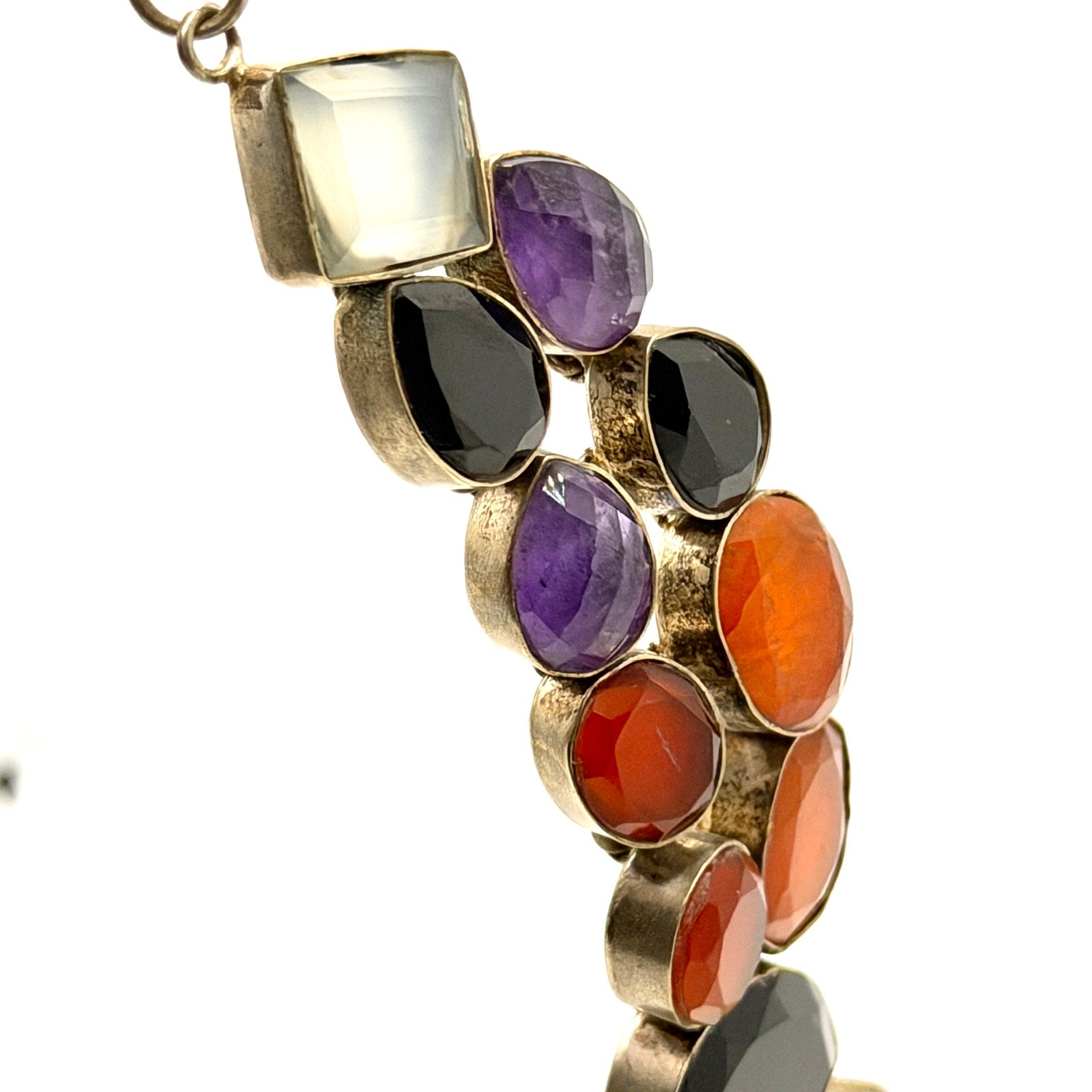 Vintage 90s Stamped Taxco Sterling Silver Multistone Statement Bib Necklace