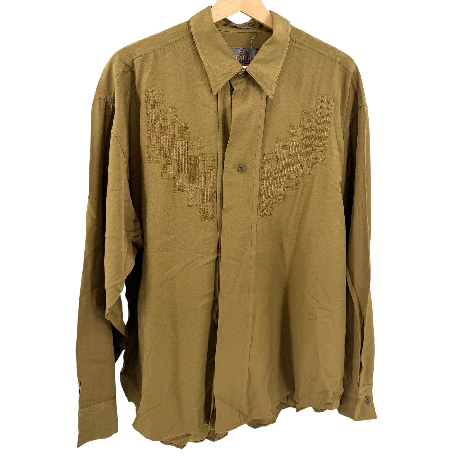 Vintage 90s Bugatchi Uomo Olive Green Embroidered Shirt