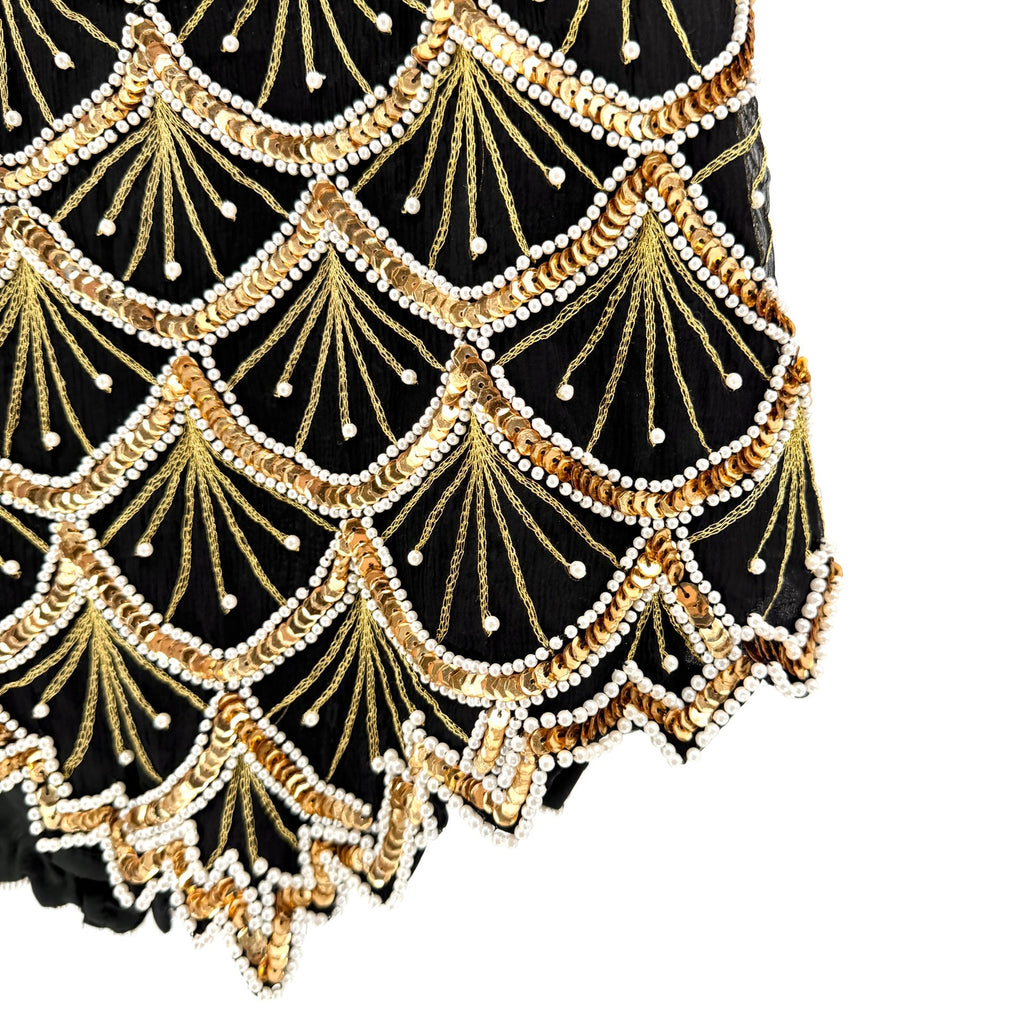 Vintage 80s Laurence Kazar Black 100% Silk Beaded Gold Sequin Pearl Glam Top