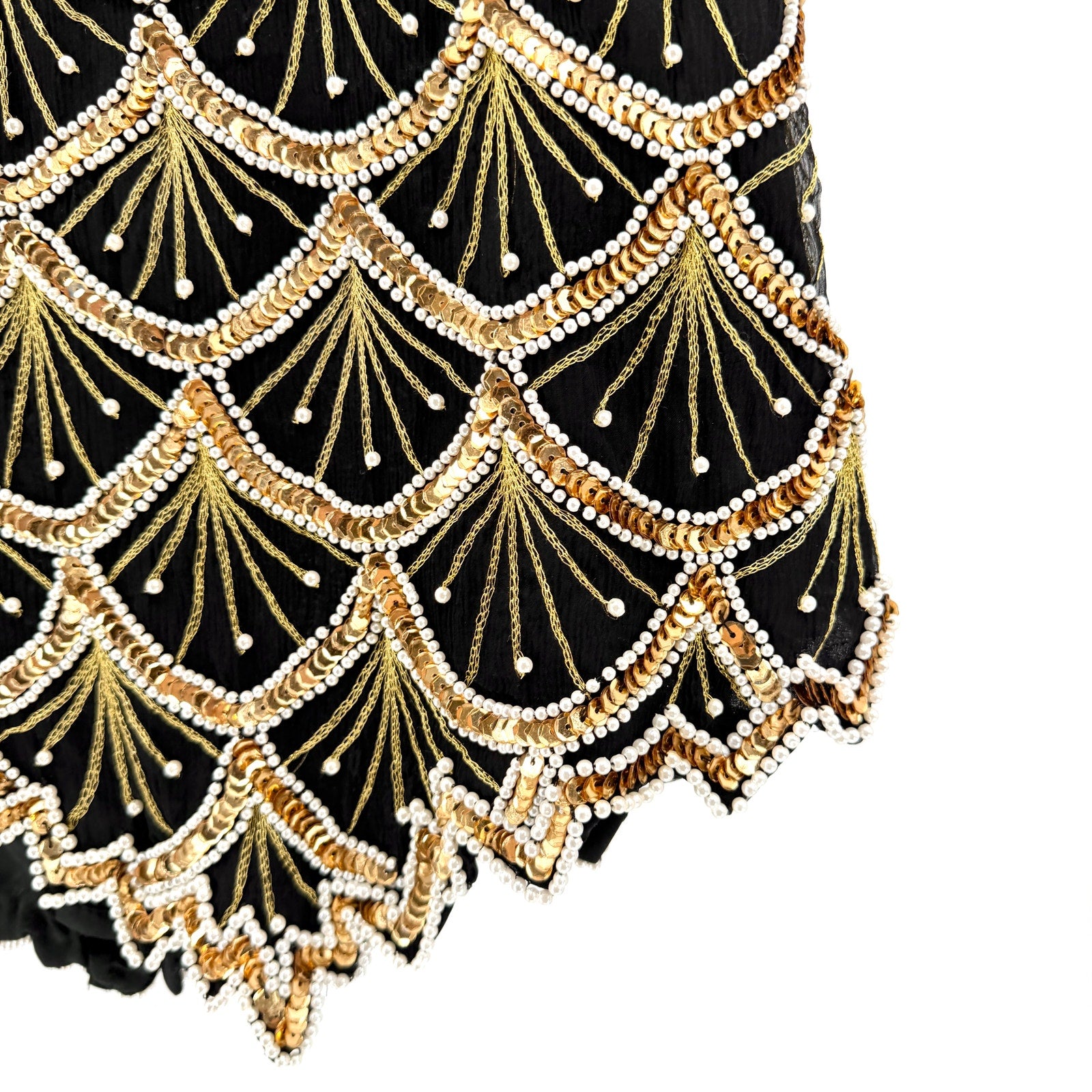 Vintage 80s Laurence Kazar Black 100% Silk Beaded Gold Sequin Pearl Glam Top