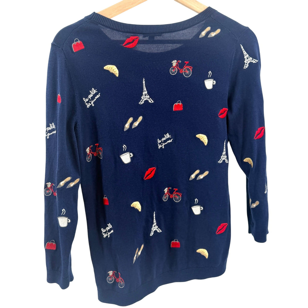 Talbots Navy Blue Parisian Embroidered Eiffel Tower Crewneck Sweater