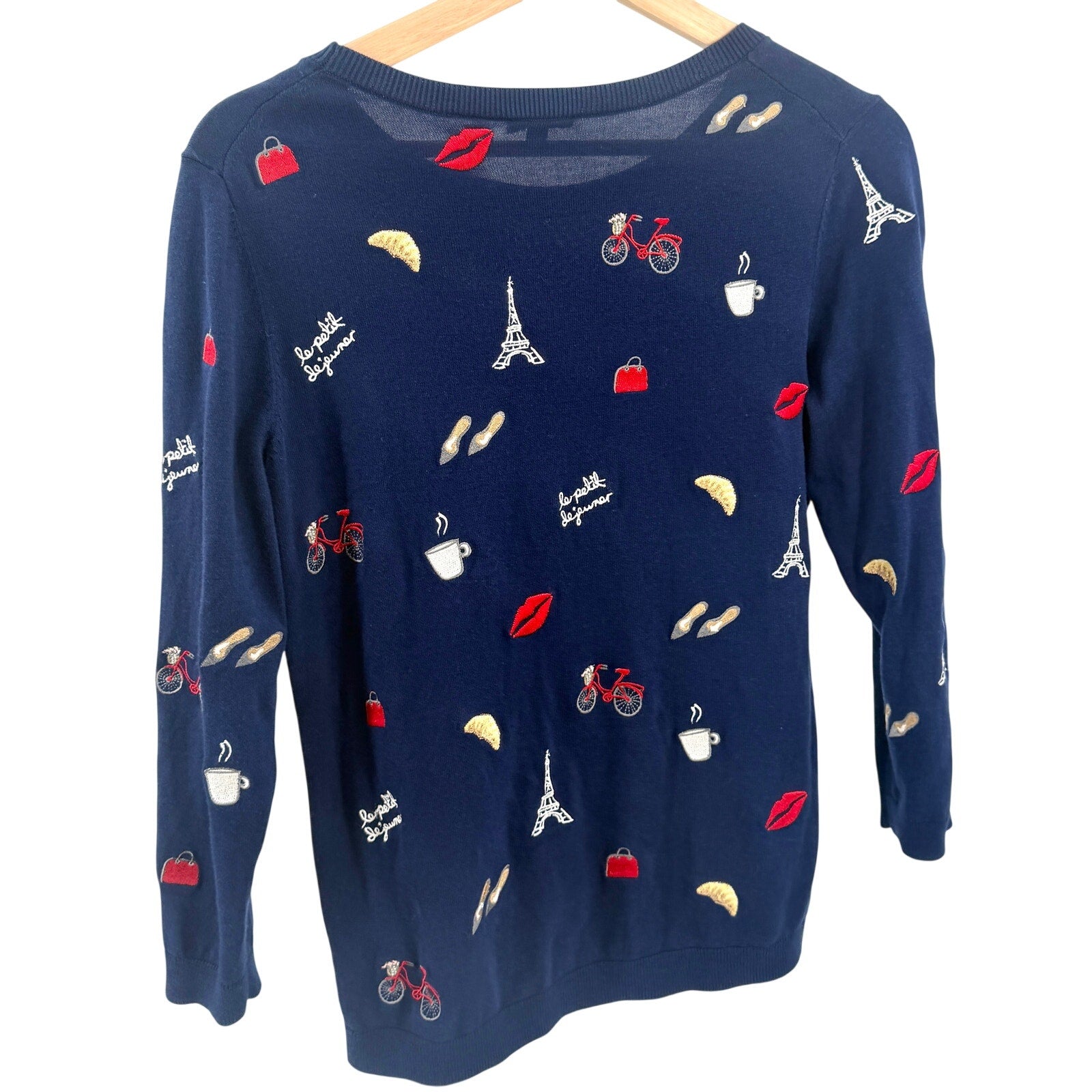 Talbots Navy Blue Parisian Embroidered Eiffel Tower Crewneck Sweater