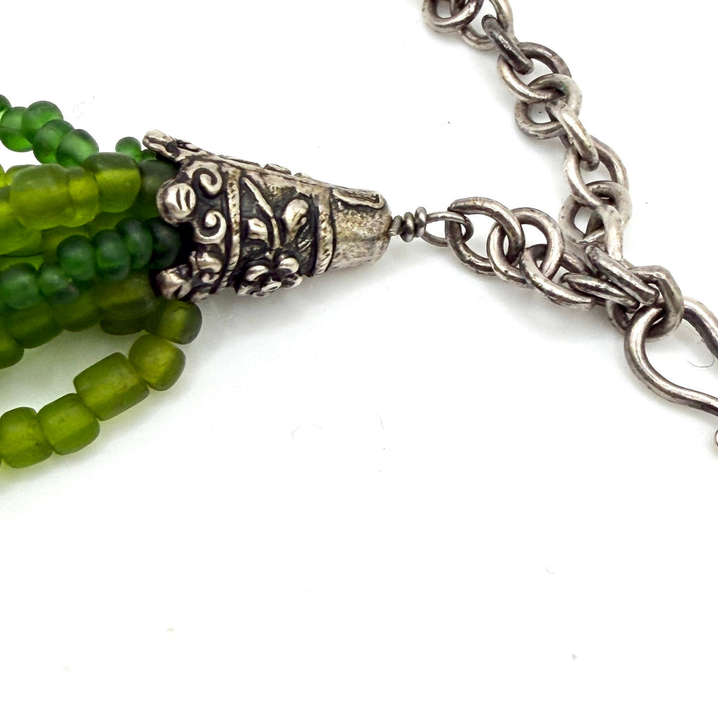 Vintage 90s Green Frosted Glass Multi Strand Chandelier Necklace