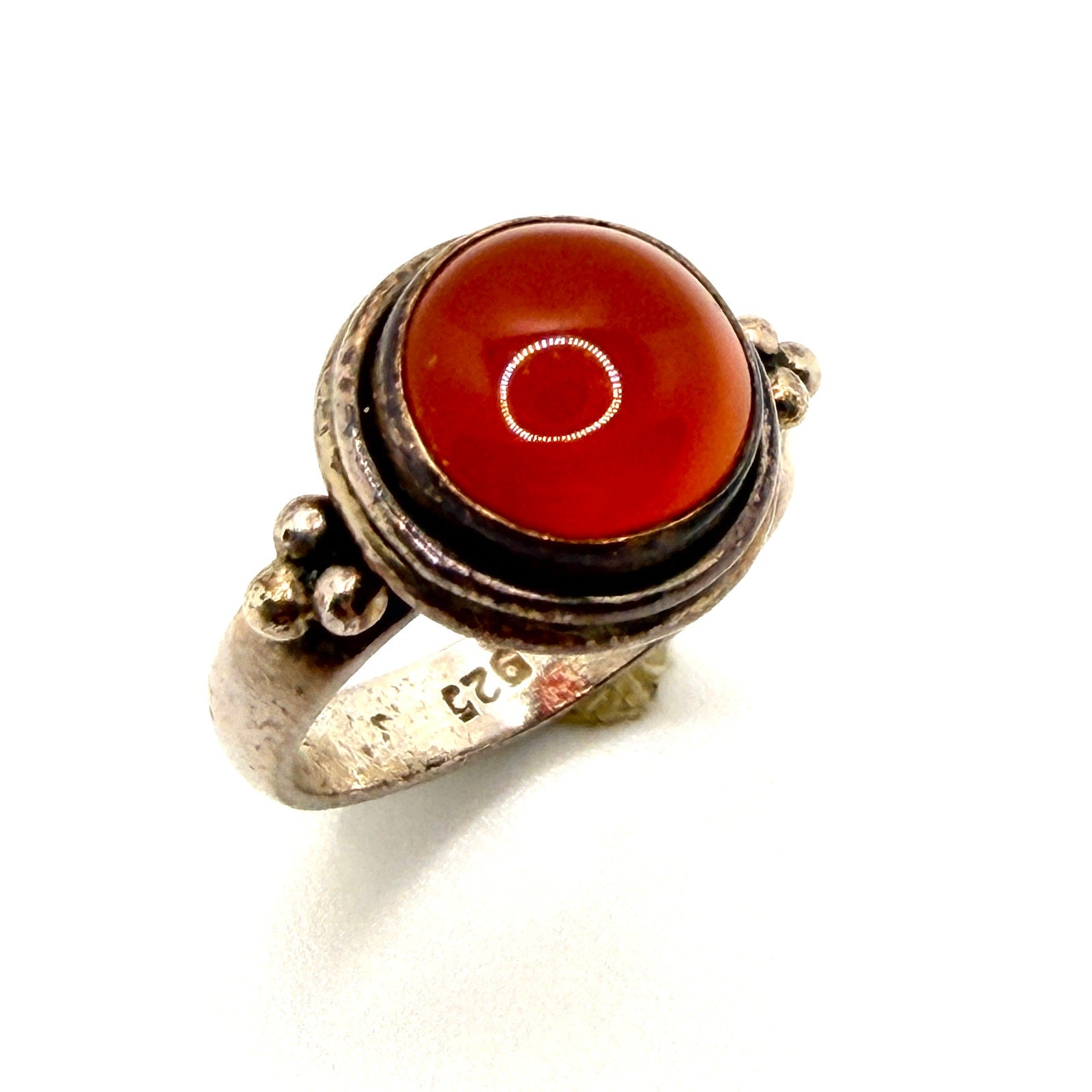 Vintage 90s Sterling Silver Stamped Red Carnelian Cabochon Solitaire Ring