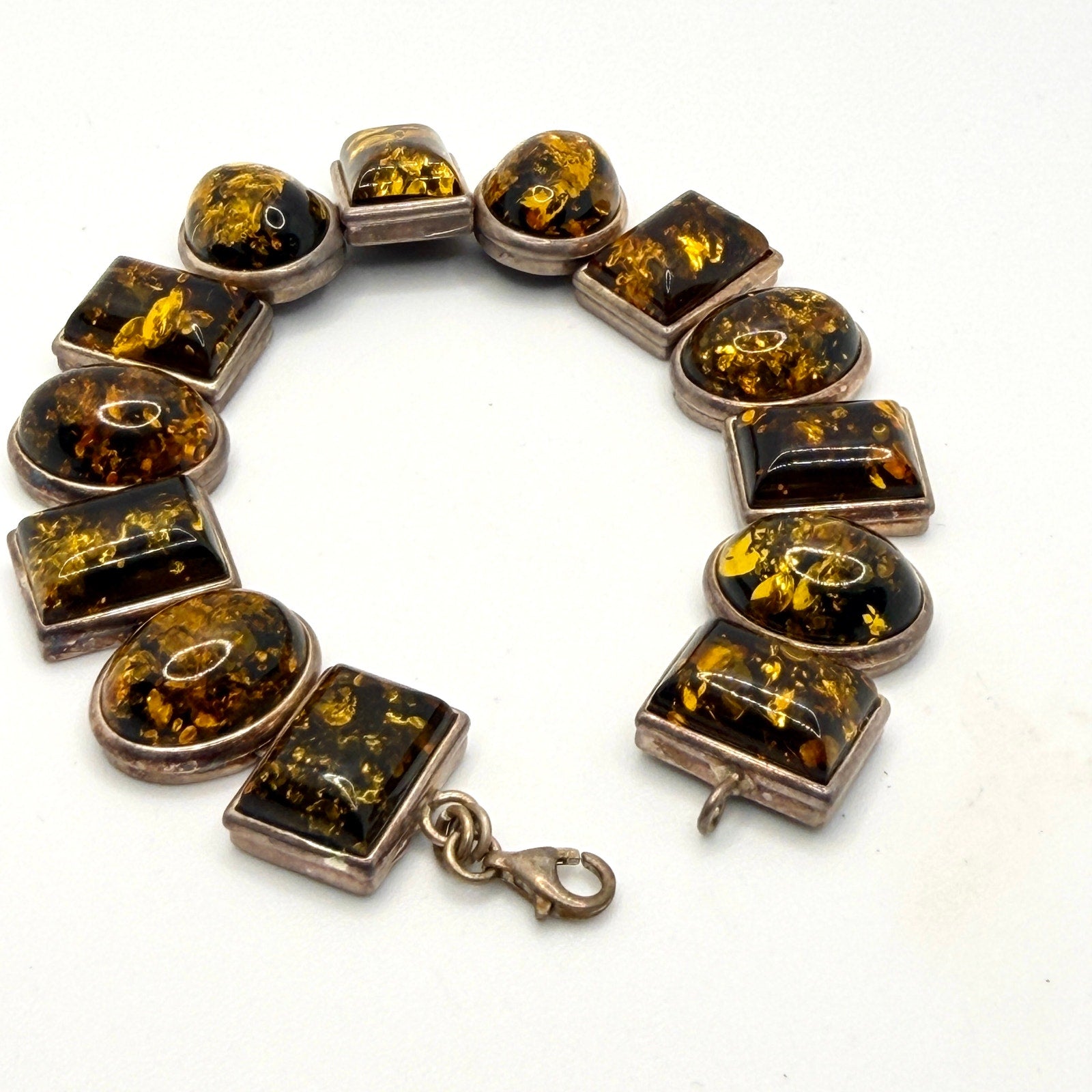 Vintage 90s Stamped Sterling Silver Green Amber Oval Rectangle Link Bracelet