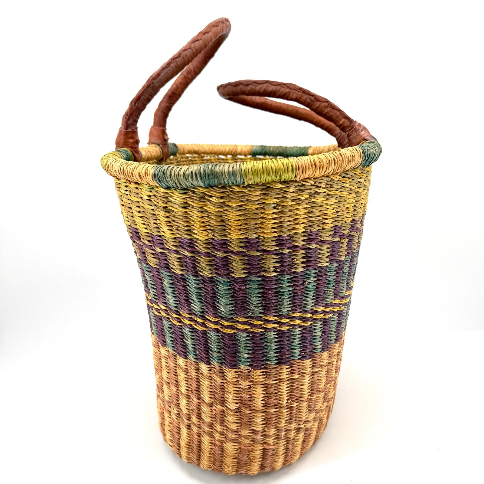 Vintage 80s Handcrafted Large Multi-Color Woven Straw Basket Leather Handle Tote