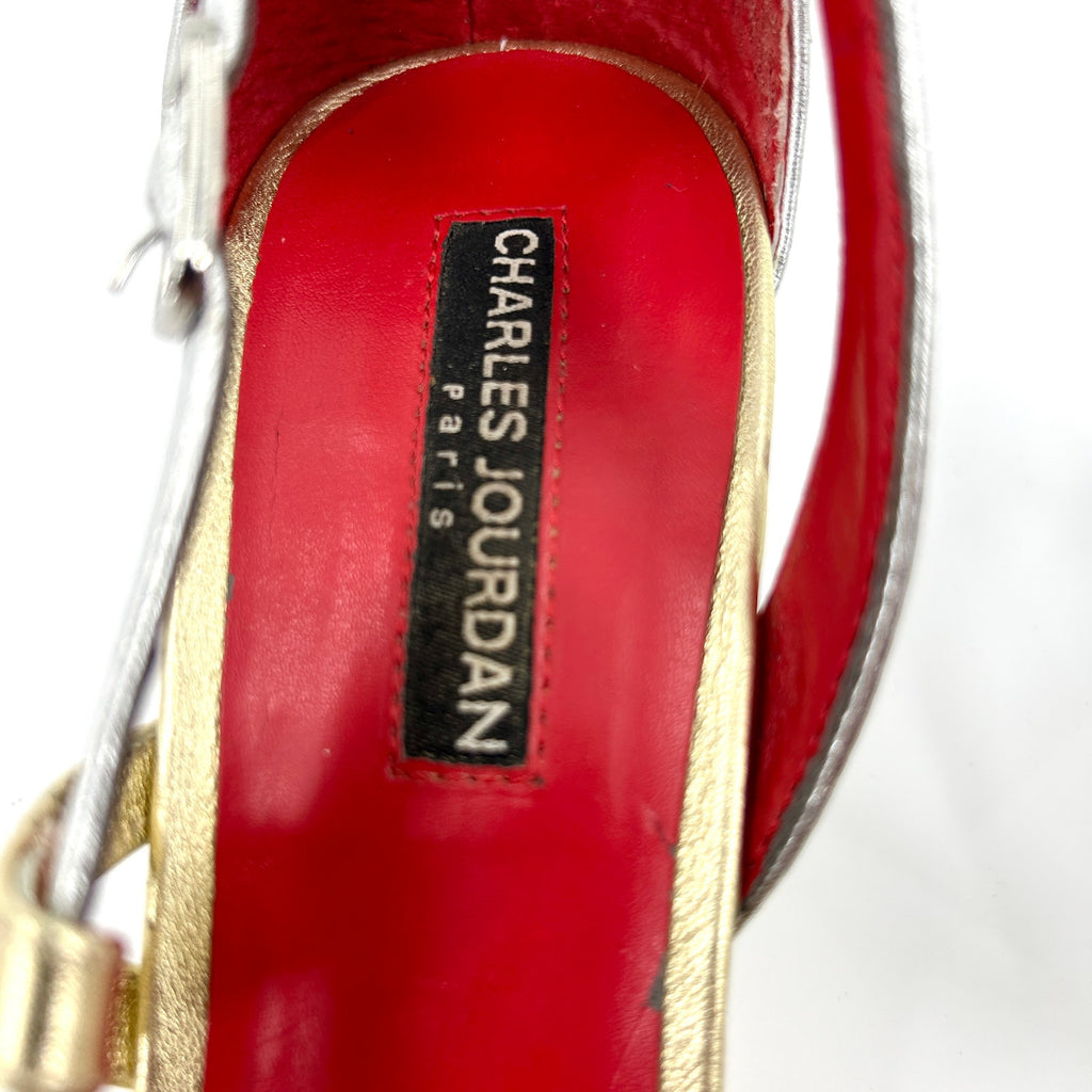 Vintage Y2K Charles Jourdan Gold Silver Leather Pointed Toe T-Strap Heels