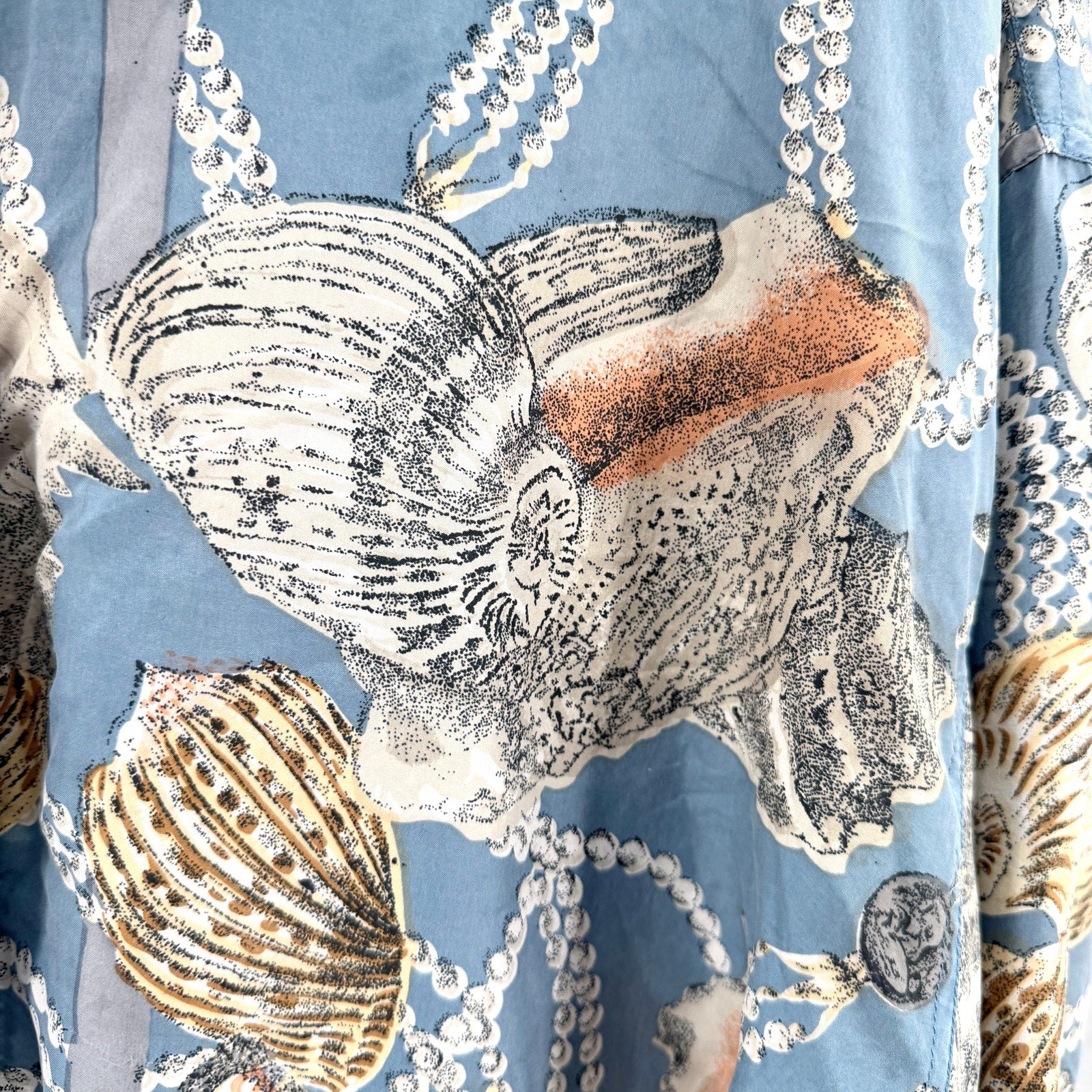 Vintage 90s Coaco Blue Silk Seashell Pearl Print Bomber Jacket