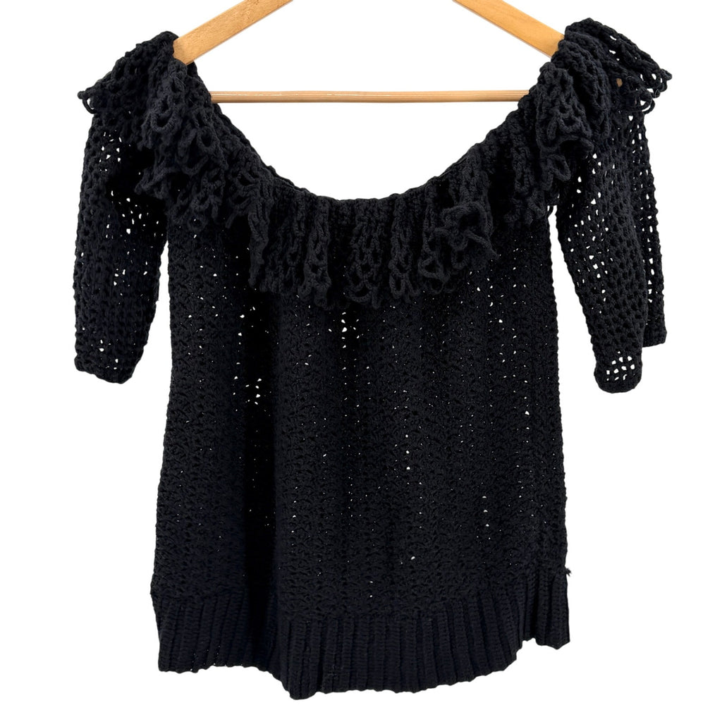 Vintage Y2K Black Off Shoulder Ruffle Open Knit Sweater Top