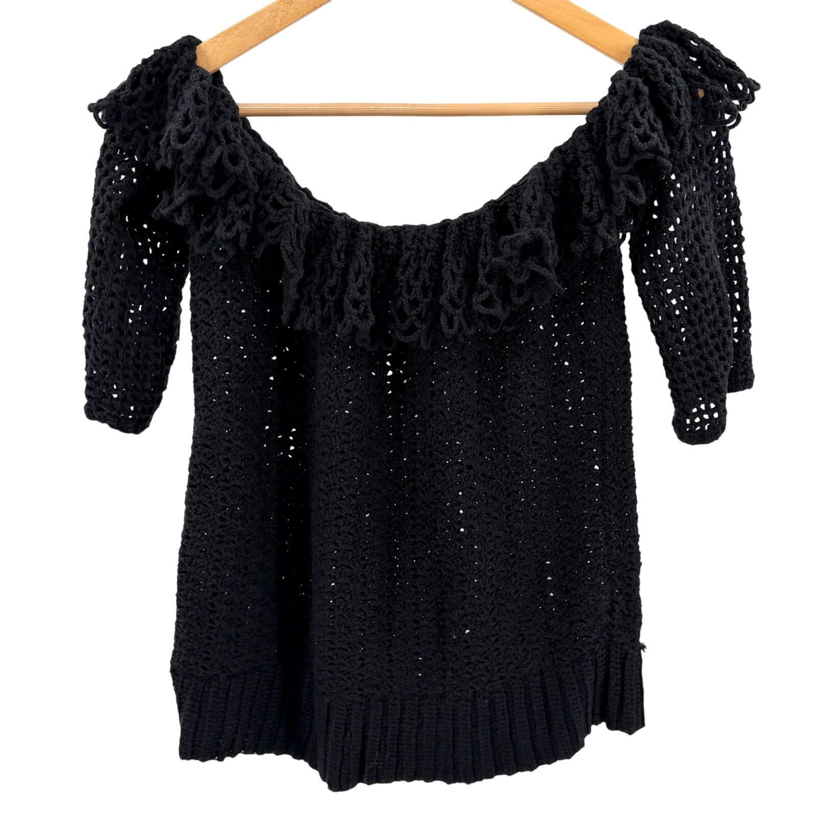 Vintage Y2K Black Off Shoulder Ruffle Open Knit Sweater Top