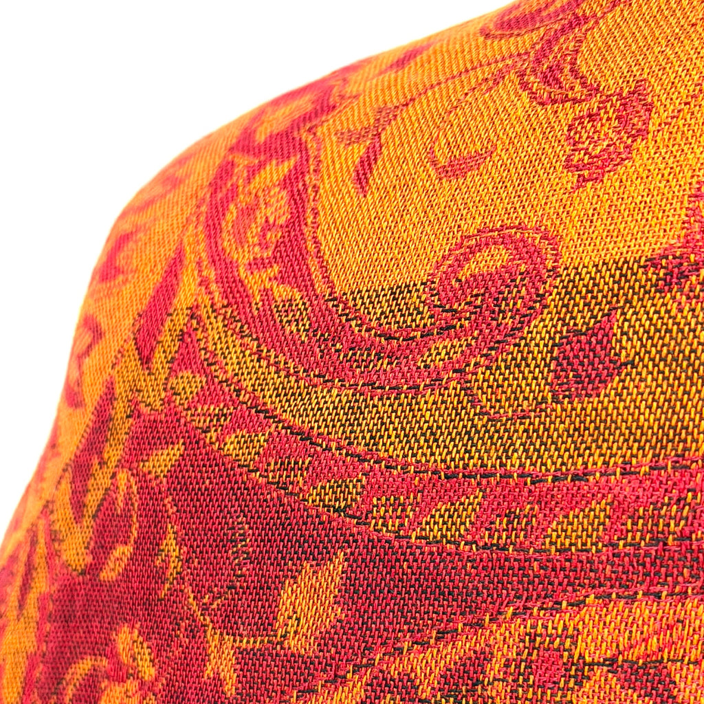 Vintage Y2K Sacred Threads Orange Red 100% Silk Paisley Woven Fringed Shawl