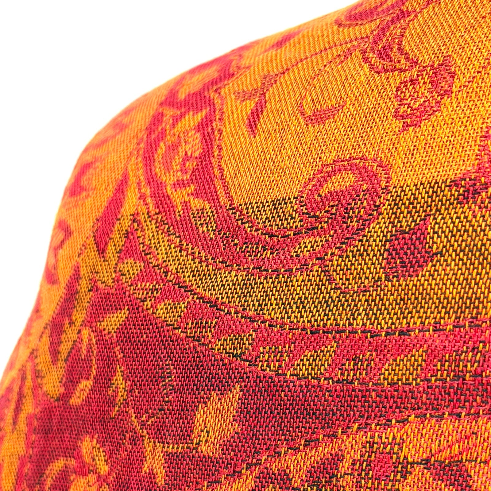 Vintage Y2K Sacred Threads Orange Red 100% Silk Paisley Woven Fringed Shawl