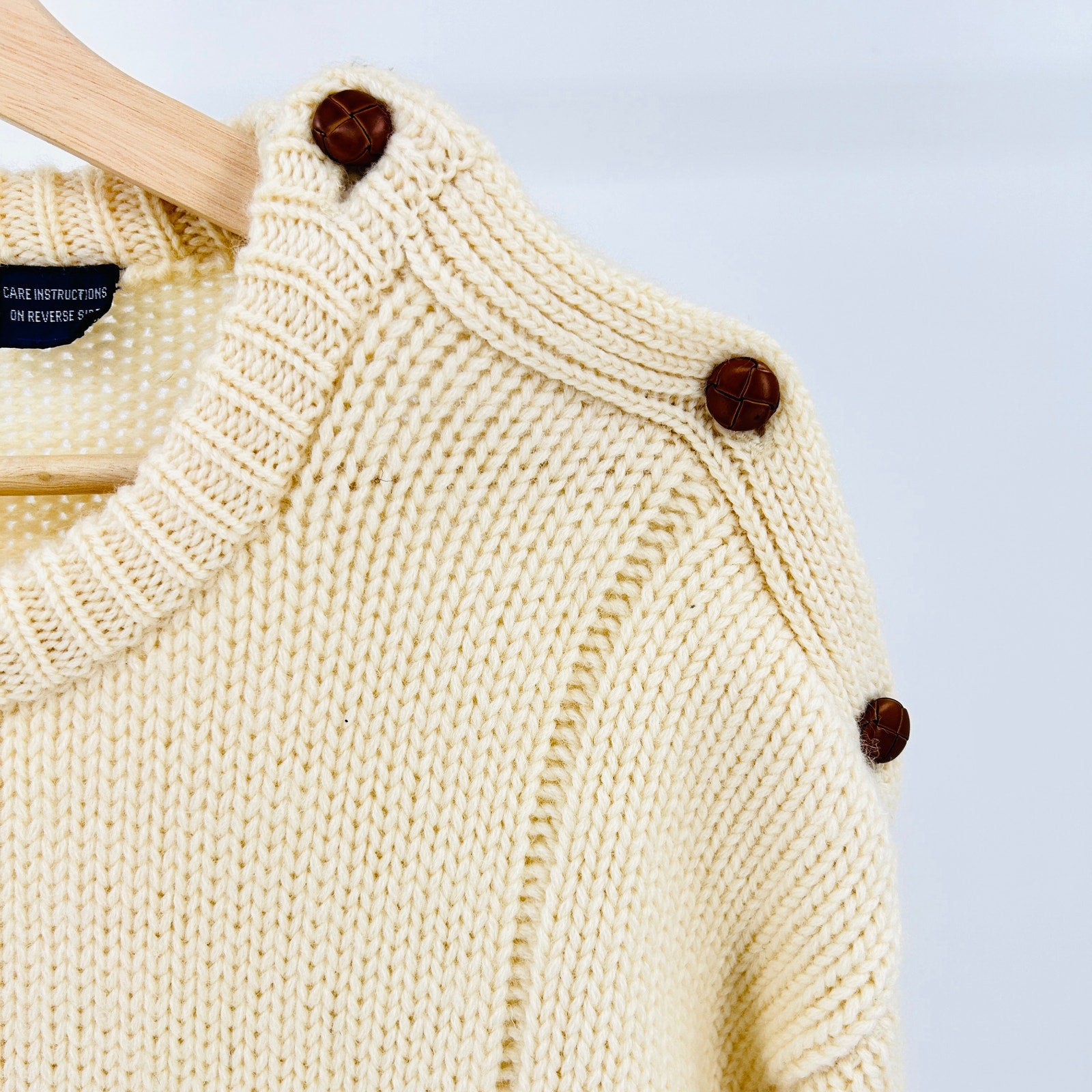 Vintage 70s Allen Solly Cream 100% Wool Cable Knit Fisherman Sweater