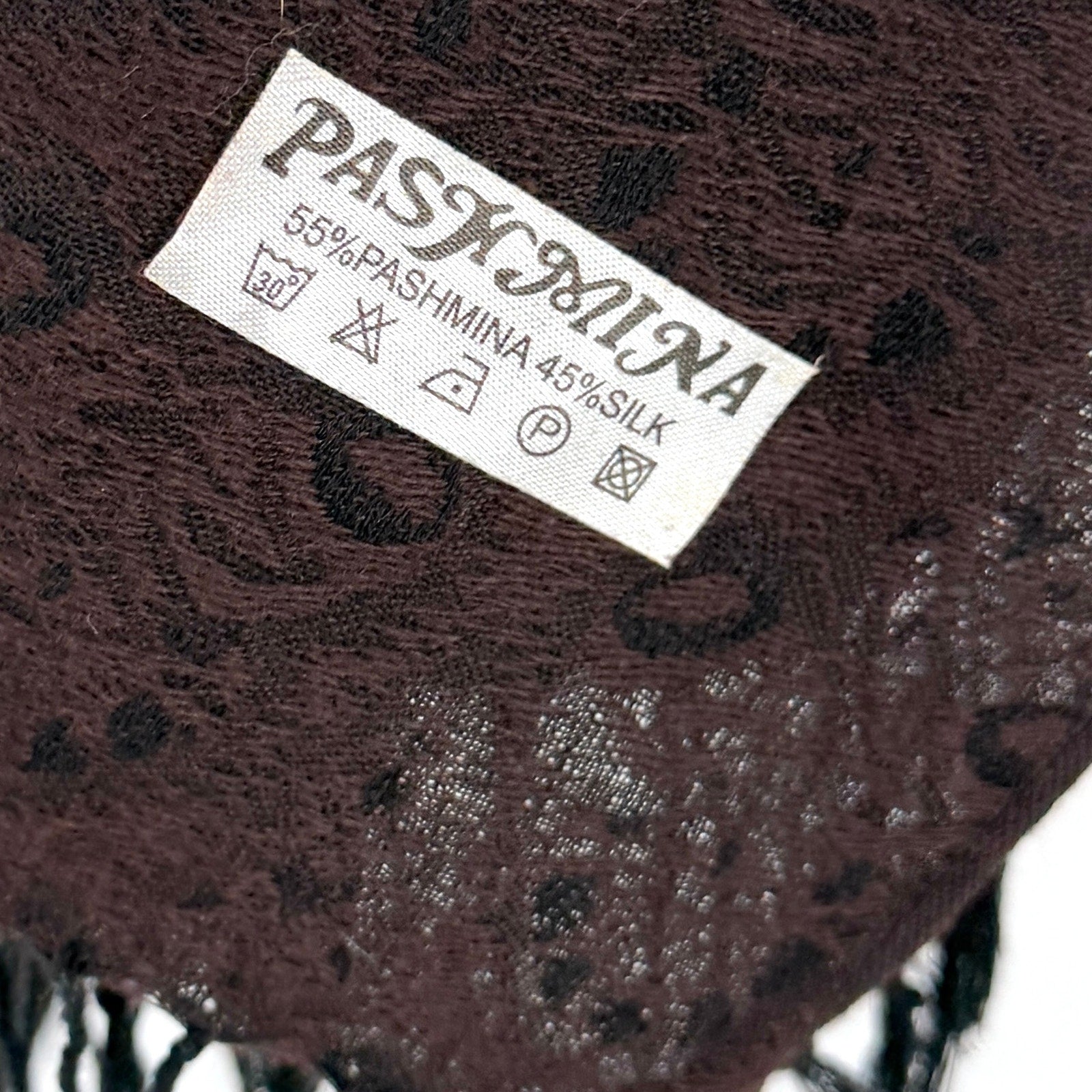 Vintage Y2K Brown Black Pashmina Silk Patterned Fringe Scarf