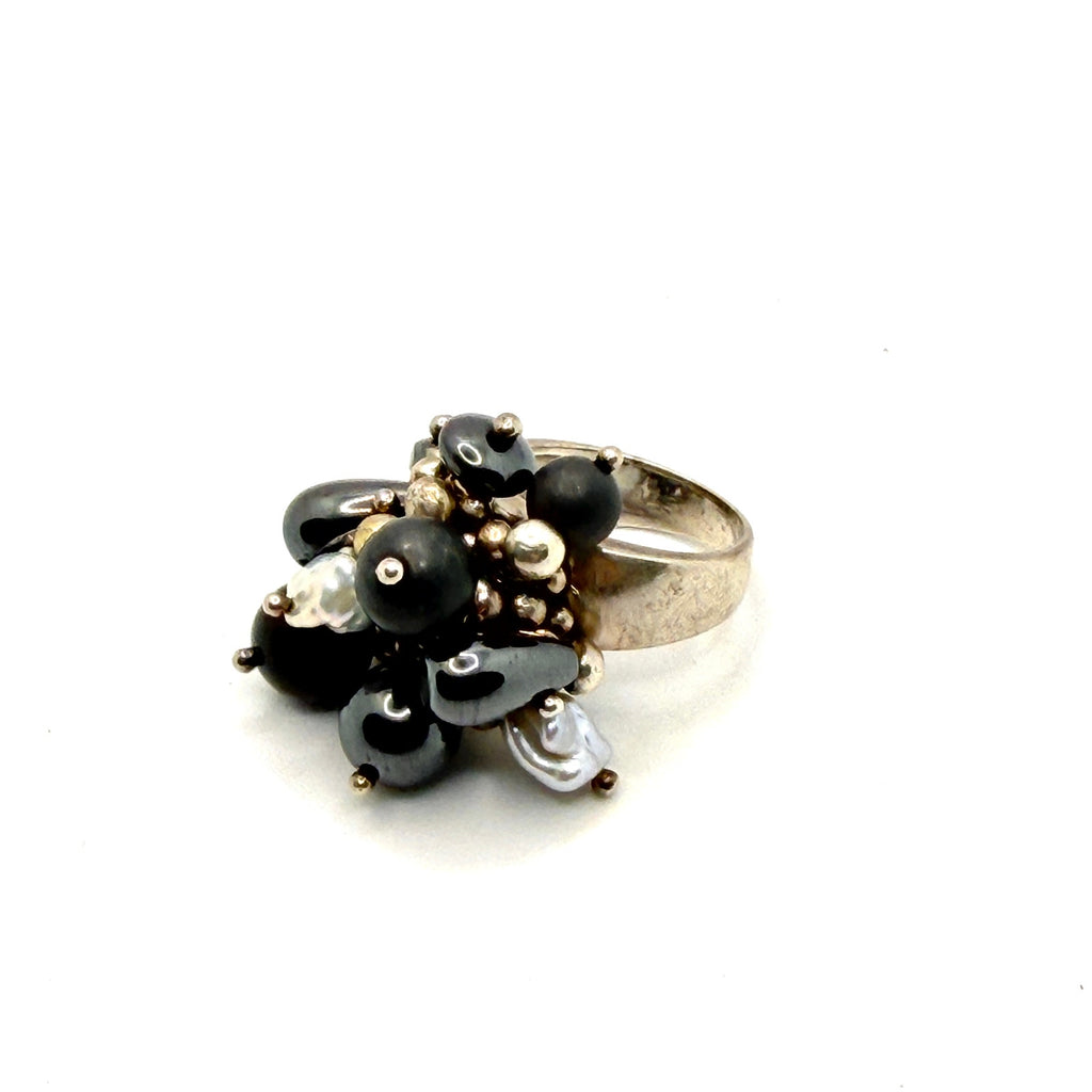 Vintage 90s JCM Signed 925 Sterling Silver Hematite Pearl Cluster Ring